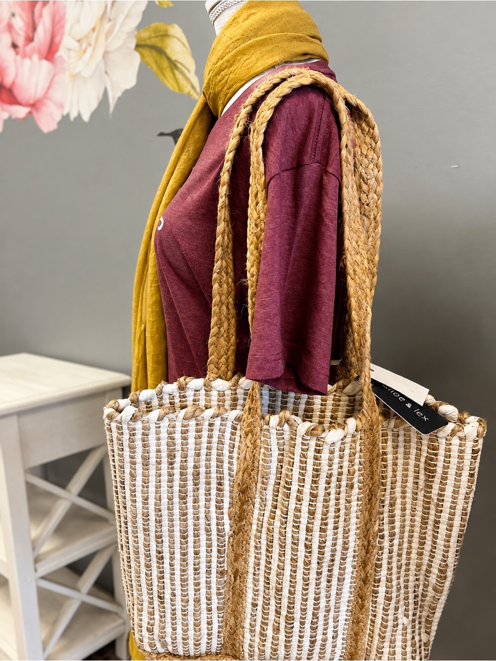 Striped Woven Tote Bag in Natural & White